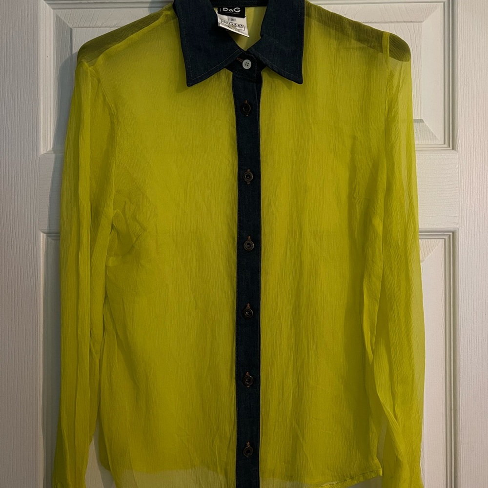 Dolce & Gabbana silk neon yello shirt w/  denim piping